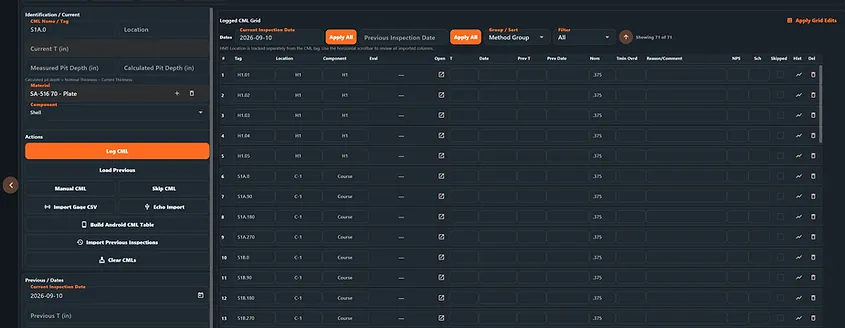 CML Input screen showing logged CML readings with previous and current inspection dates and measurement fields