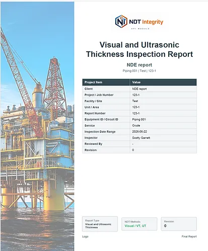 NDE visual and ultrasonic thickness inspection report page