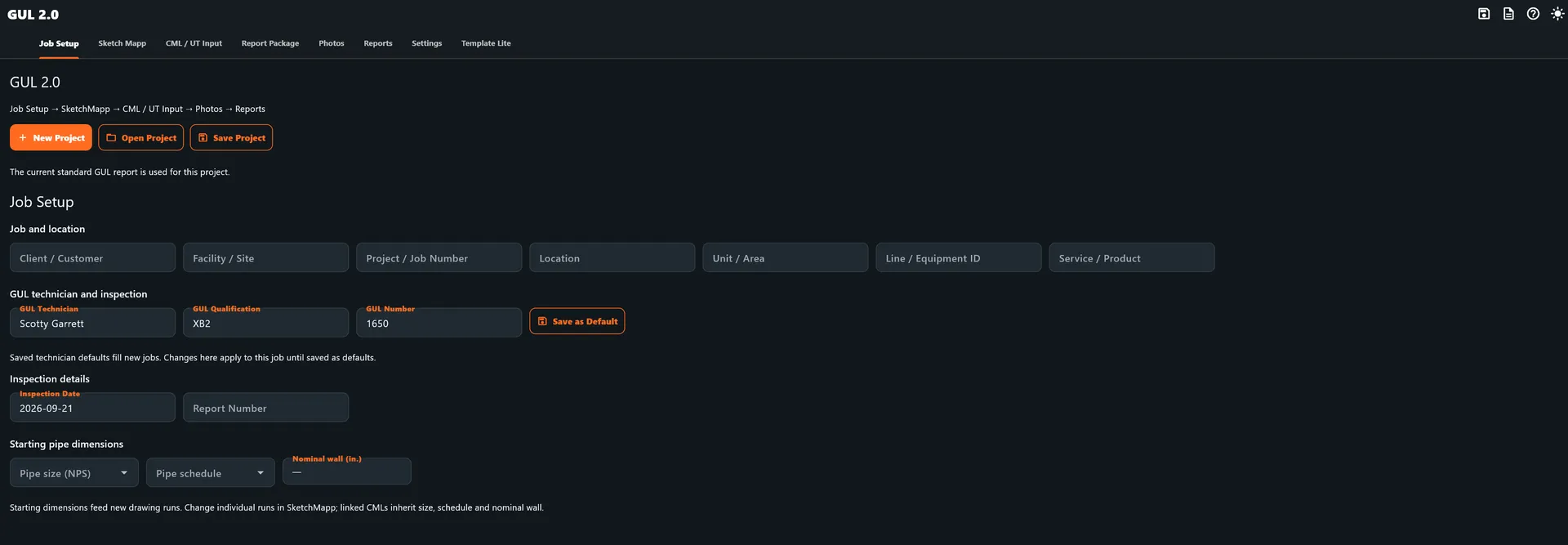 GUL 2.0 job setup screen with inspection, technician, and starting pipe dimension fields
