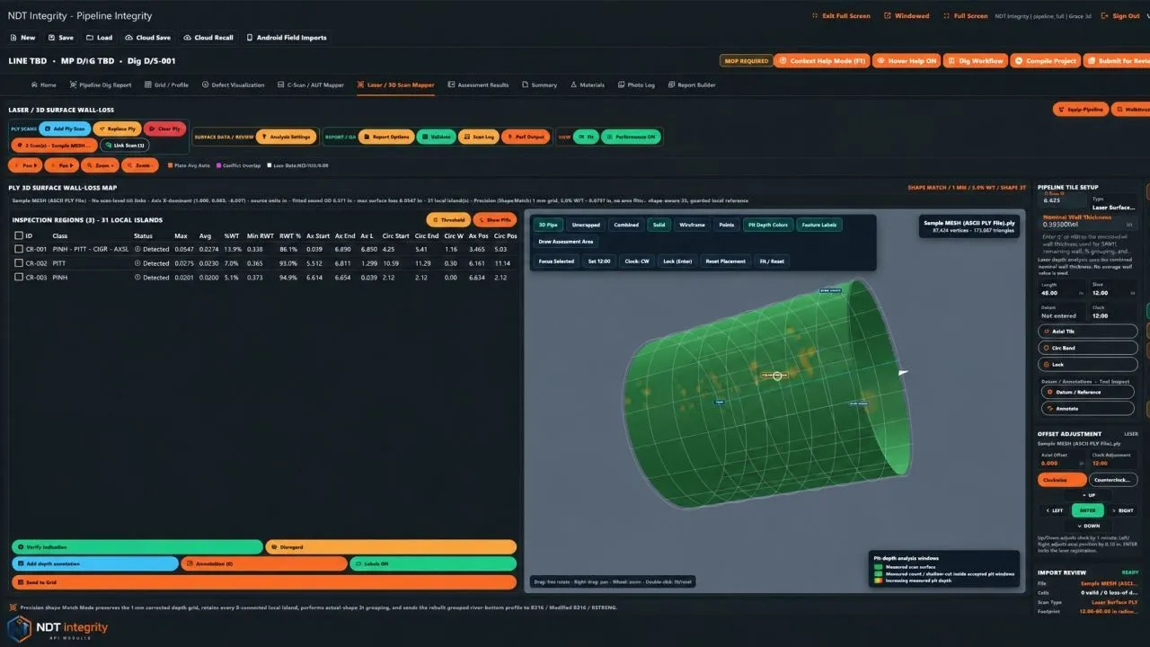 PLY 3D laser scan pipe surface-loss view