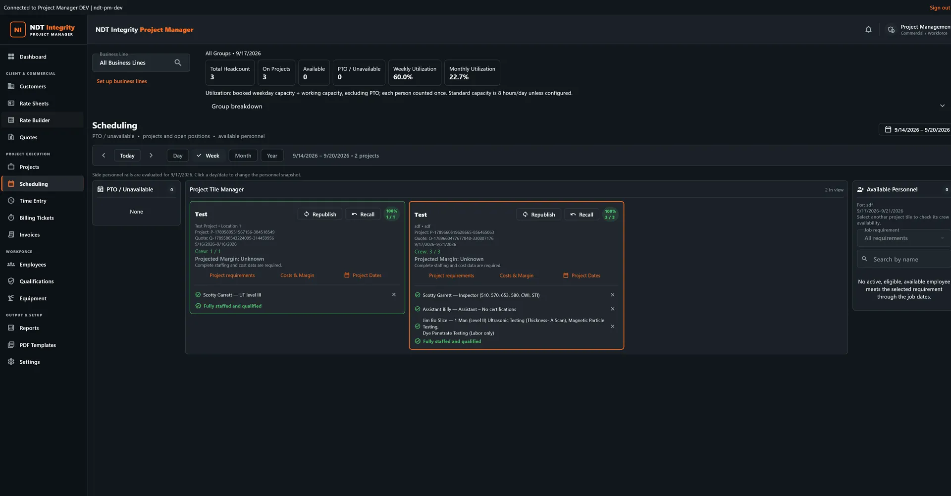Project Manager Scheduling screen showing date controls, unavailable personnel, and projects with staffing requirements