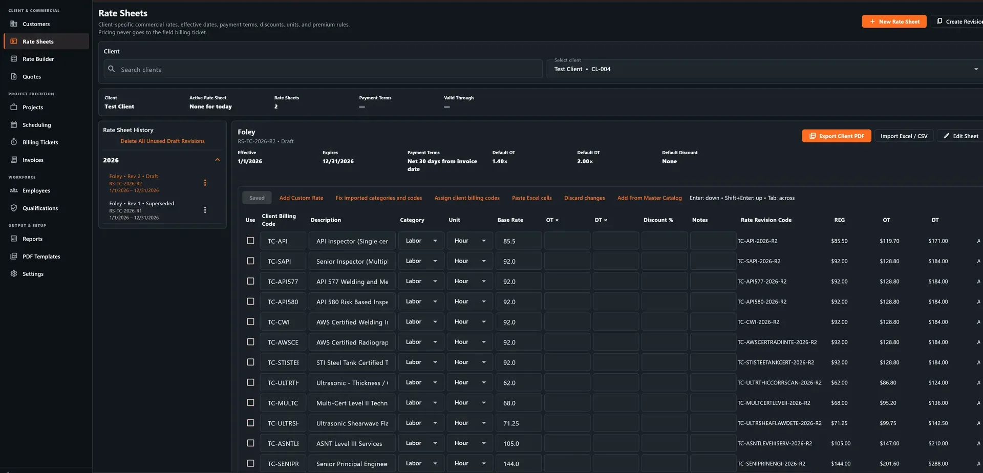 Project Manager Rate Sheets and Rate Builder screen showing a client rate sheet with labor codes, categories, rates, and revision history