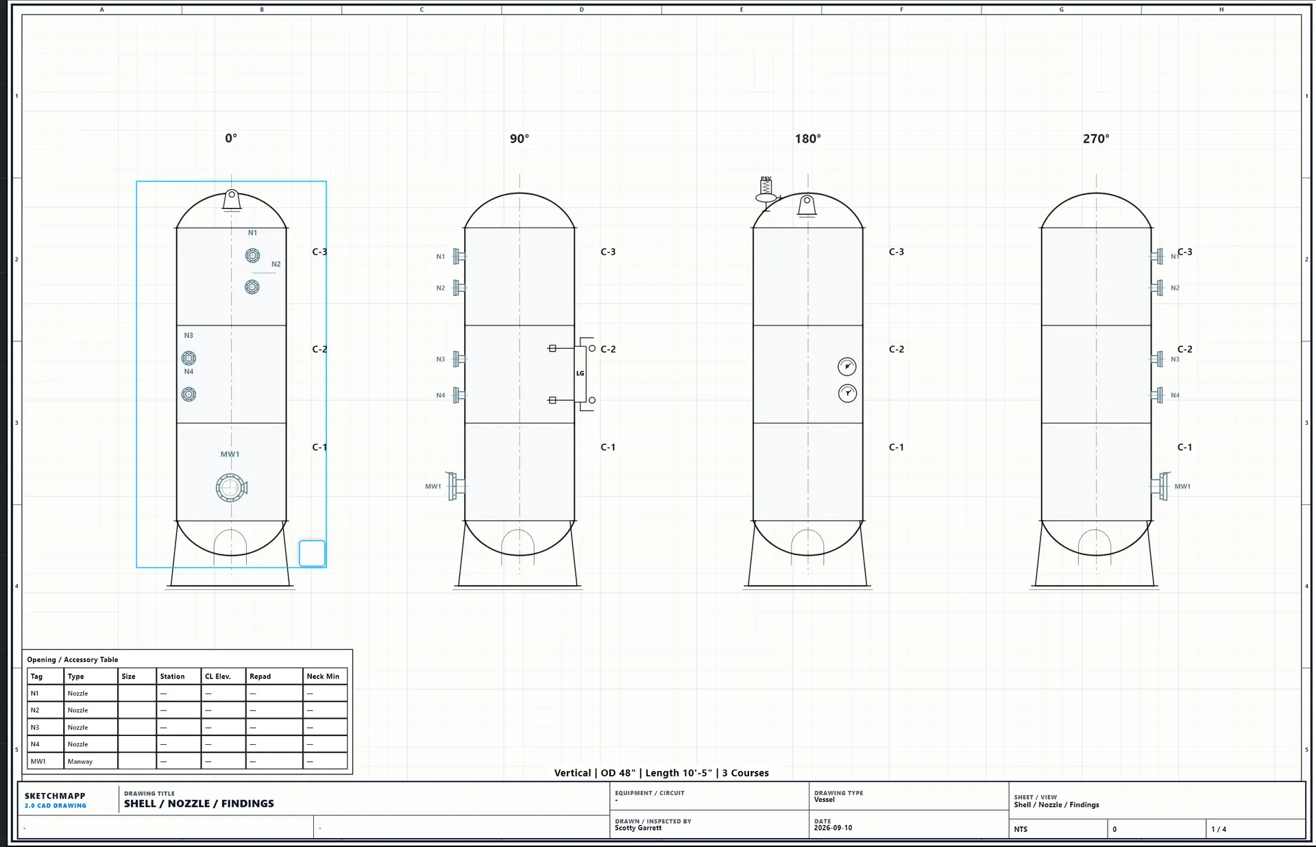 Vessel shell elevations at 0°, 90°, 180°, and 270° with course bands C-1 to C-3, nozzle callouts N1–N4, MW1, PW1, and the Opening / Accessory Table.